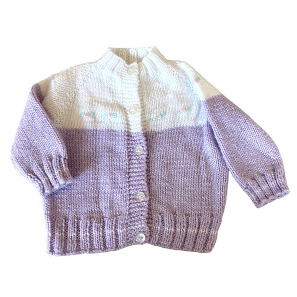 VINTAGE Handmade Hand Knit Sweater Cardigan Purple White Floral Top Baby